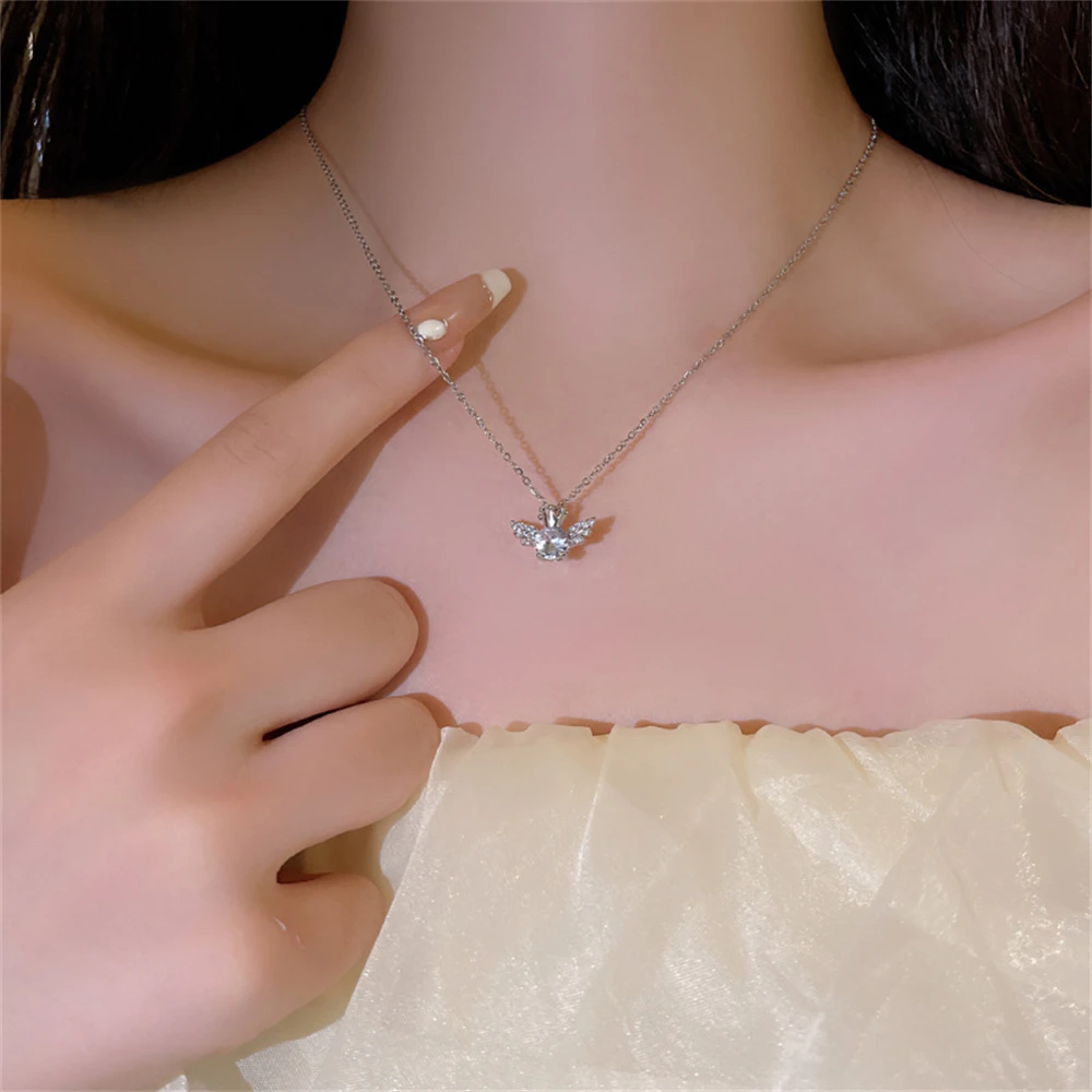 Small Angel Crown Titanium Steel Necklace for Women Girls Shiny Design Zirconia Lock Chain Trendy Silver Color Jewelry Wholesale