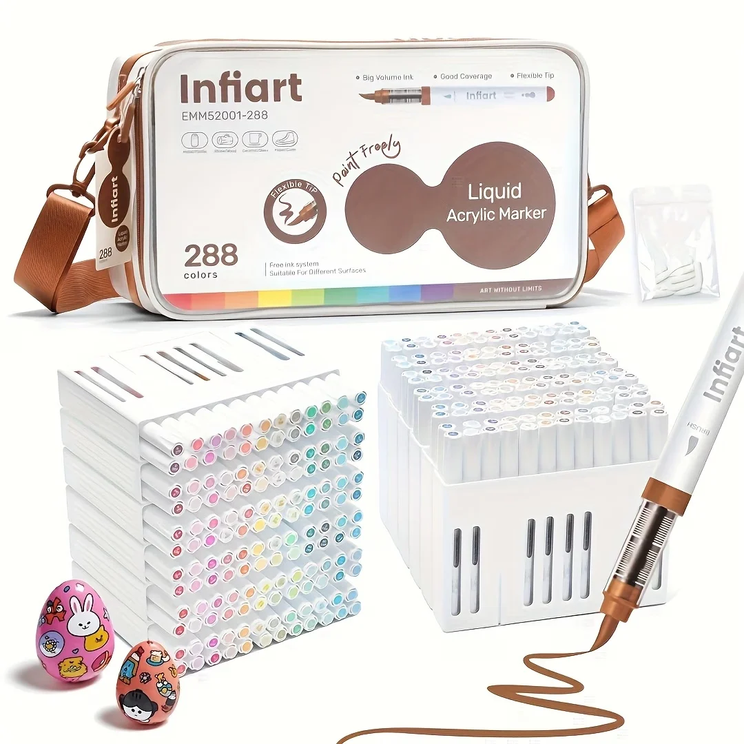 Infiart 288 Colors Direct Liquid Acrylic Marker Pens Set with Replacement Tips Student DIY Graffiti Drawing Painting Pen