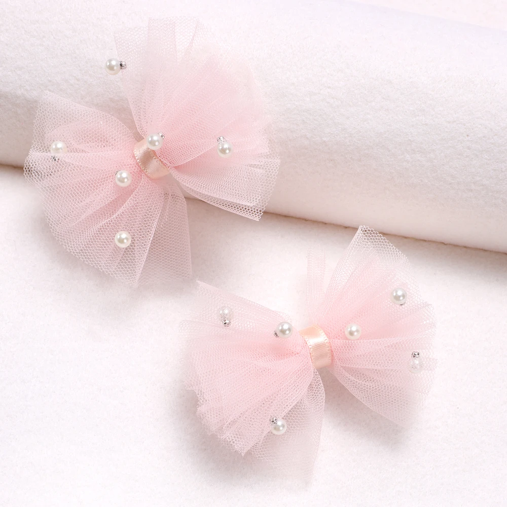 2pcs Mesh Bow Hair Clips with Faux Pearl Girls Elegant Bow Hair Clips for Birthday Party Non-slip Cute Hair Accessories Headwear