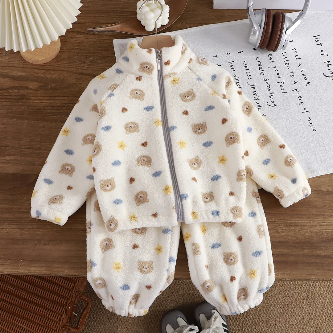 Ensemble épais en peluche pour enfants, vêtements de maison pour enfants, dessin animé coréen, pour garçons et filles, élégant, en molleton de corail, vêtements de nuit chauds, nouvelle collection automne hiver