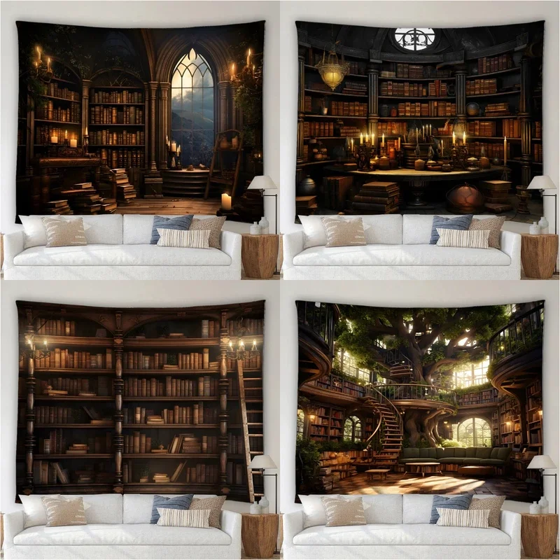 Vintage Library Tapestry Enchanted Old Books Bookshelves Antique Wooden Candle Home Dorm Room Decor Background Fabric Tapestry