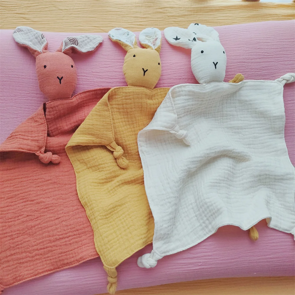 1PC Soft Cotton Muslin Baby Bib Stuffed Bunny Doll Newborn Appease Towel Security Blanket Baby Sleeping Cuddling Towel Comforter