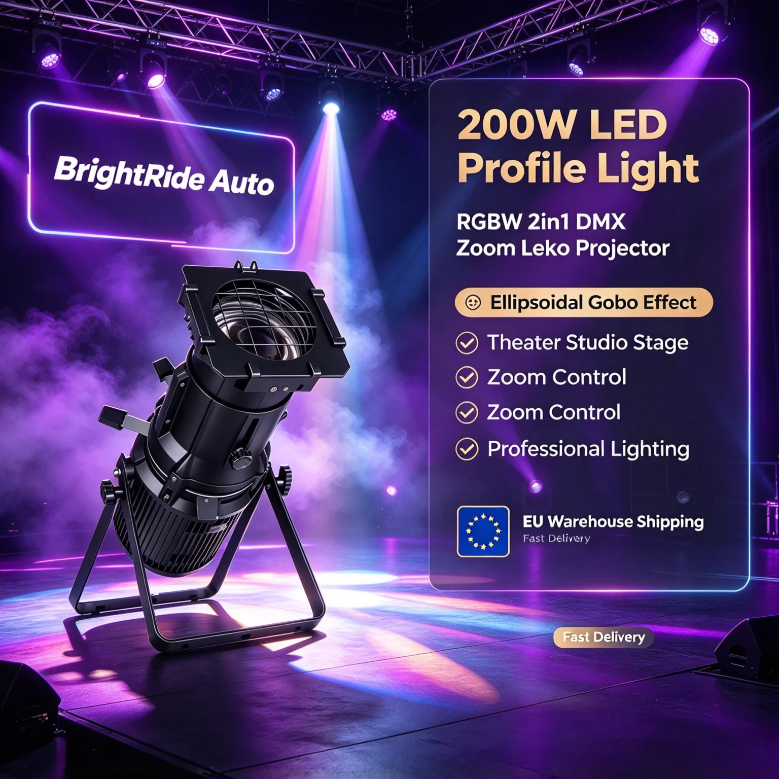 Profesjonalne oświetlenie sceniczne typu eliptyczne, 200 W, RGBW, LED, z regulowanym zoomem i projekcją gobo, sterowane DMX512, idealne do teatrów, studiów, kościołów i występów na żywo. (WW CW 2in1)