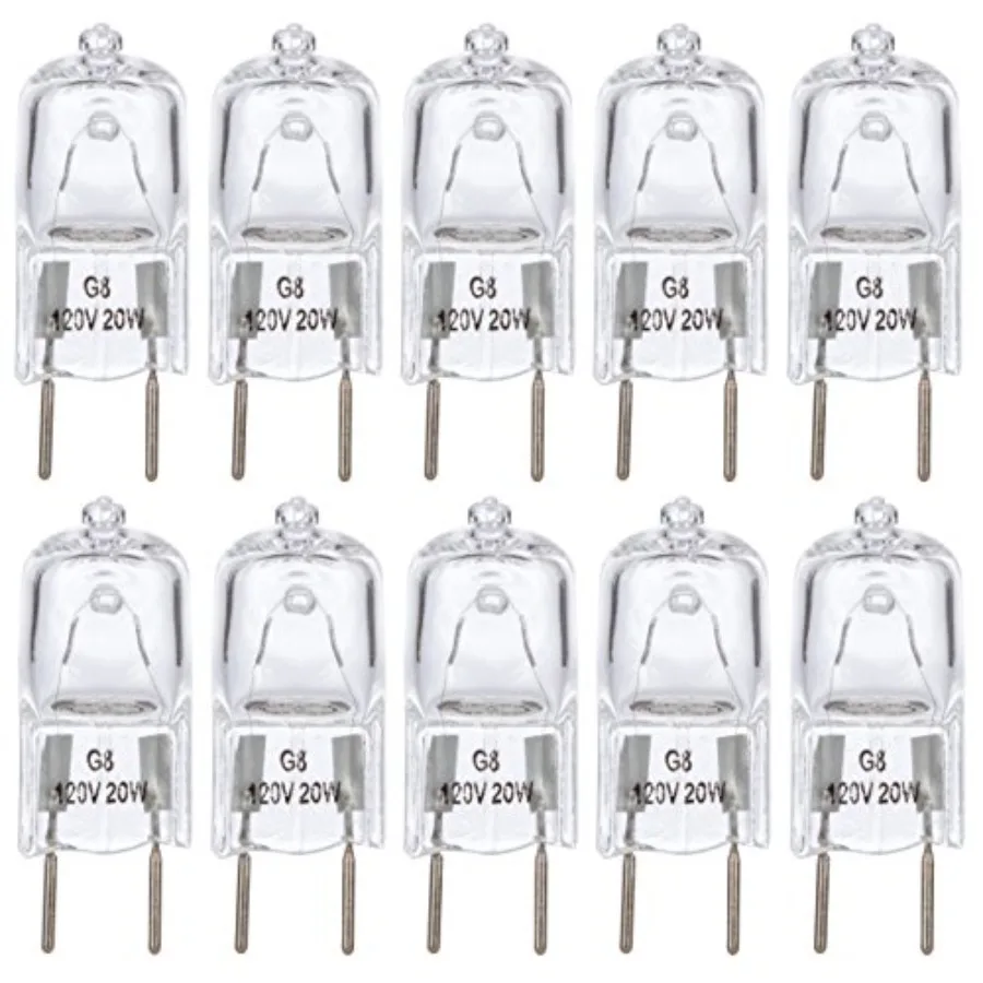 

Halogen Light Bulb G8 T4 20W JCD Bi-Pin 10 Pack Shorter 1-3/8" (1.38") Length for Under Cabinet Puck Lights, Kitchen Hood, Land