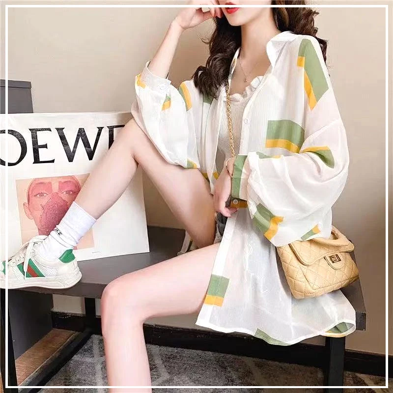 

2024 New Summer Korean Version Long Sleeved Sun Protection Fashion Loose Oversize Casual Lapel Print Versatile Shirt for Women