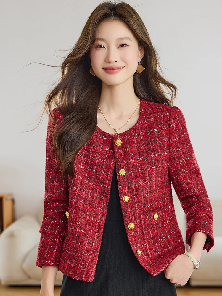 معطف قصير من الصوف الأحمر اللامع على الطراز الفرنسي للنساء سترة تويد منسوجة يدويًا للربيع