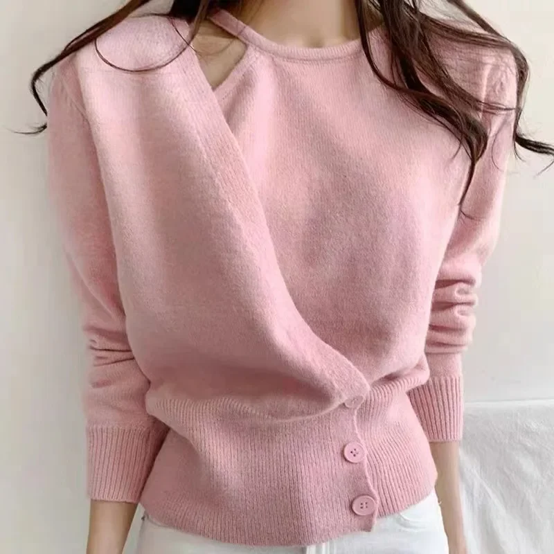 Suéter de punto de manga larga para Mujer, ropa coreana, Tops casuales, suéteres de punto, rosa, Otoño e Invierno