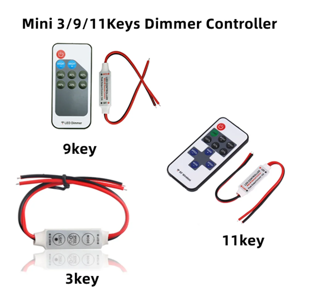 Mini 3Key 9/11Key Dimmer Controller Two Wire RF Remote For Single Color Neon Tube And COB 2835 5050 5730 Led Strip Light DC5-24V