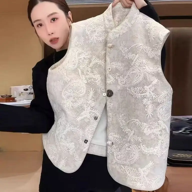 

New Chinese Style Woven Jacquard Tops Women's Spring Autumn Sleeveless Jacket Vintage Traditional Event Beige Vest Female