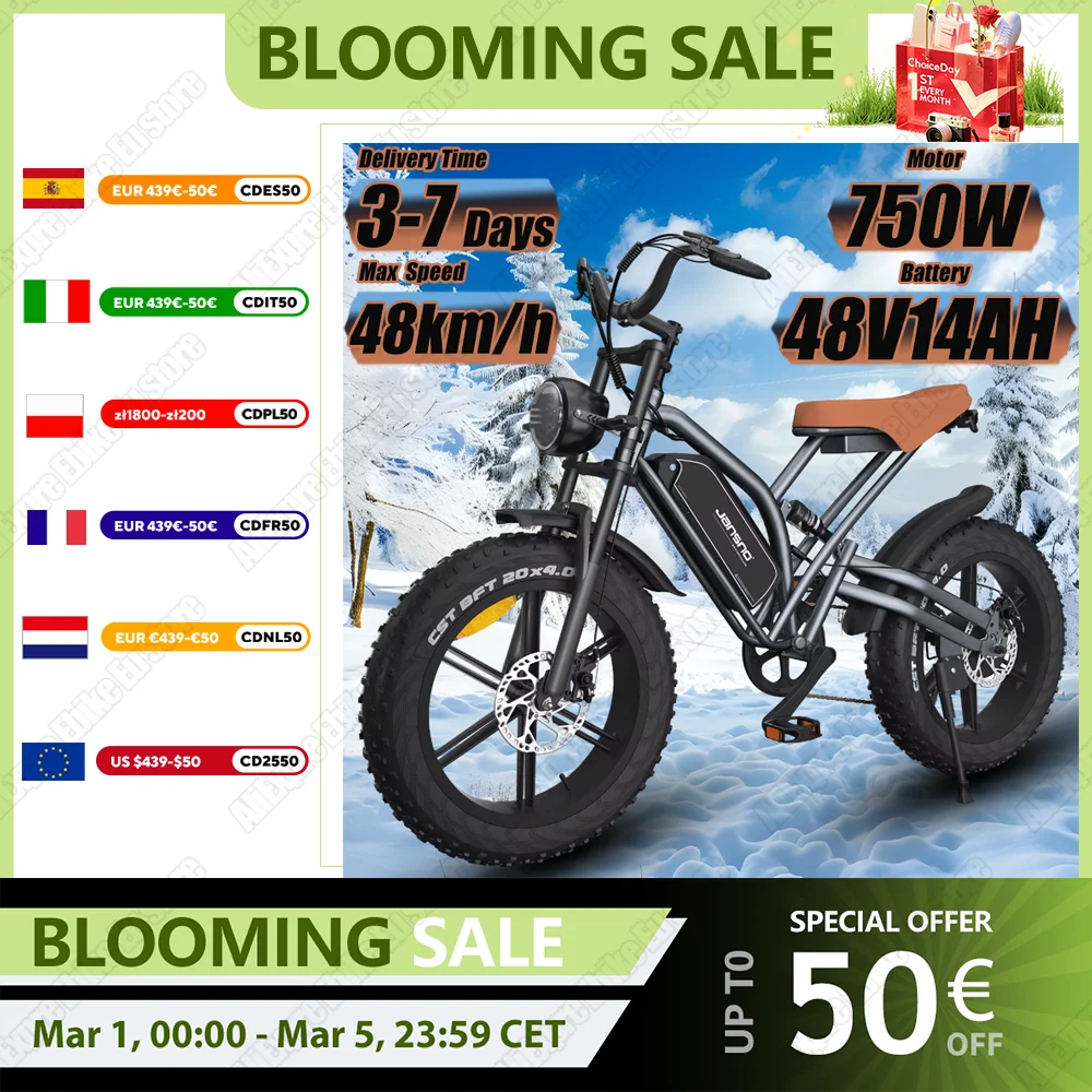 JANSNO X50 Electric Bike 750W Motor 48V14AH Battery 20*4 inch All Terrain Fat Tire Adult E Bike 7-Speed Shimano Electric Bicycle