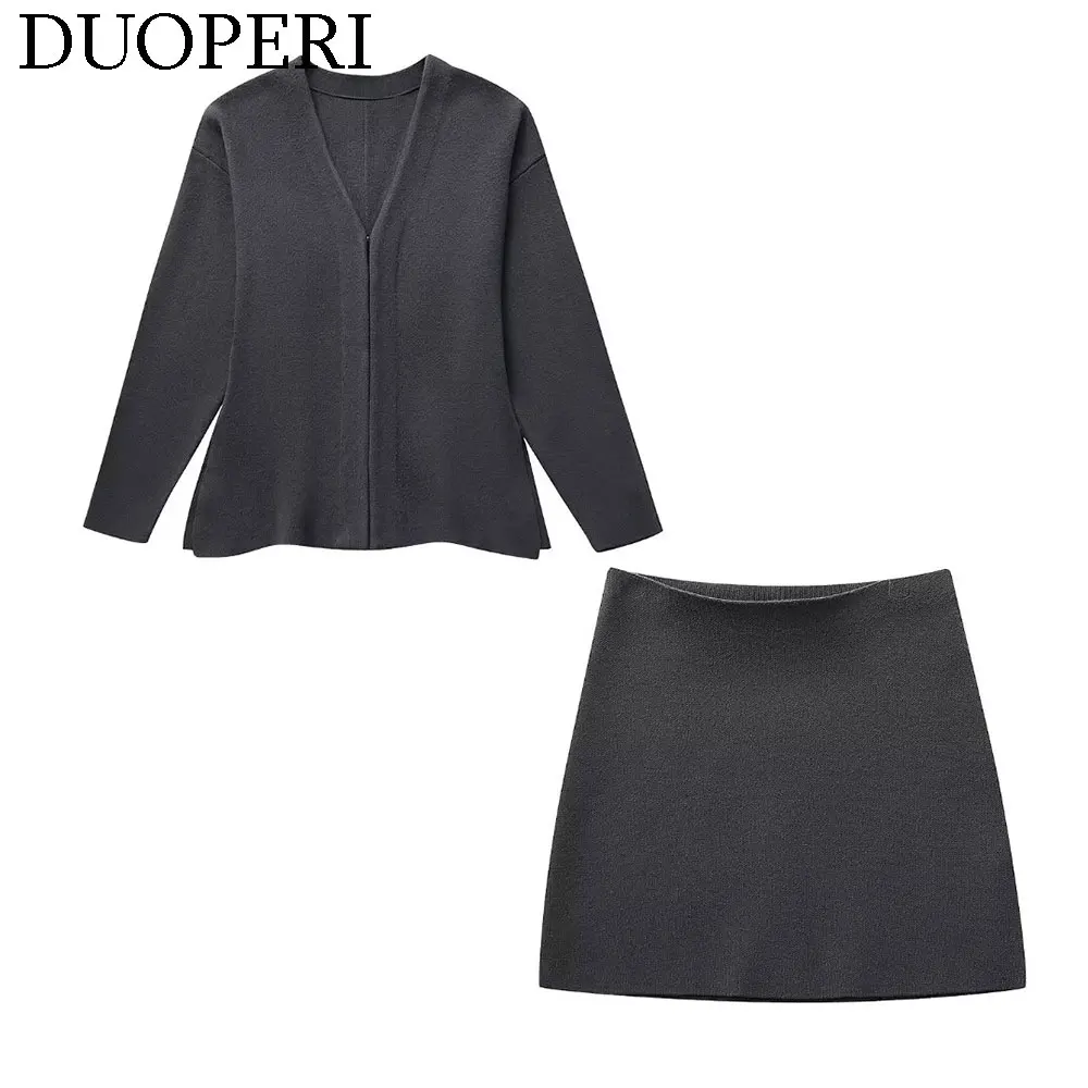 DUOPERI Women Fashion 2 Pieces Sets Knit Coat and Mini Skirt Female Chic Lady Tops Outwear and Skirt Coordinates