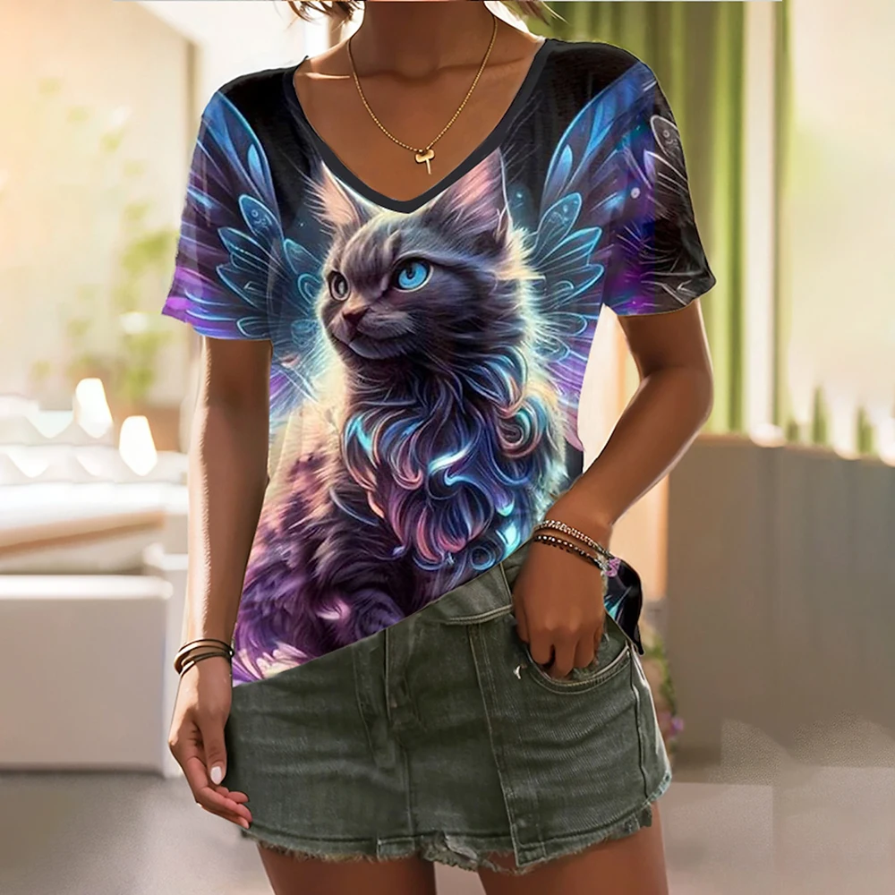 Summer Women\'s T Shirt Tee 3d Cat Print Daily Weekend Fashion Short Sleeve Fashion Funny V Neck Casual T-Shirts For Woman