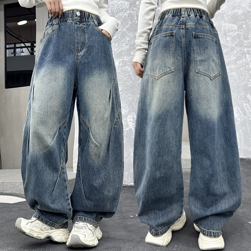 

High Quality Spring Autumn Kids Child Fashion Baggy Curved Jeans For Teen Girl Vintage Carpenter Denim Pants Casual Trousers