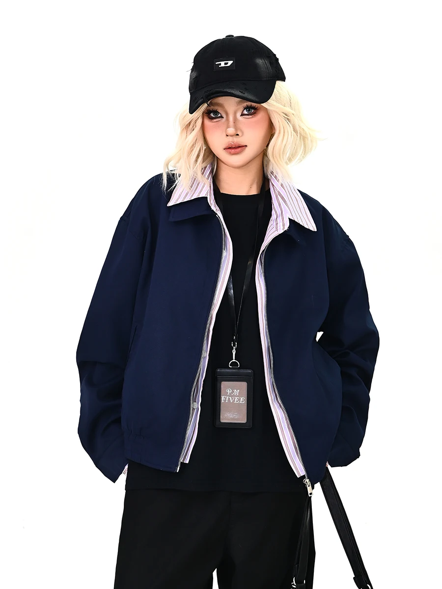 

Уличная модная женская куртка свободного кроя с клетчатыми вставками и отложным воротником, весна 2026, трендовый корейский бренд, верхняя одежда