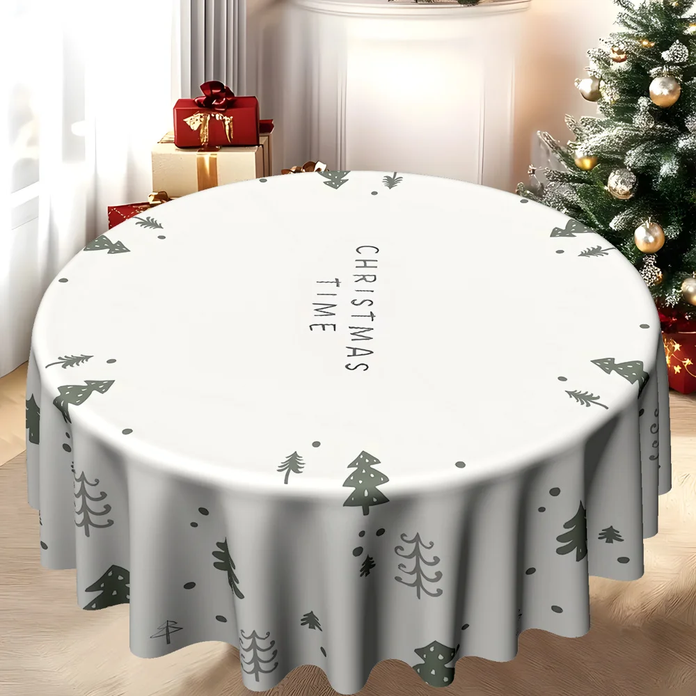 Christmas-themed pattern tablecloth with Christmas tree, snowflakes and other Christmas elements printed on it