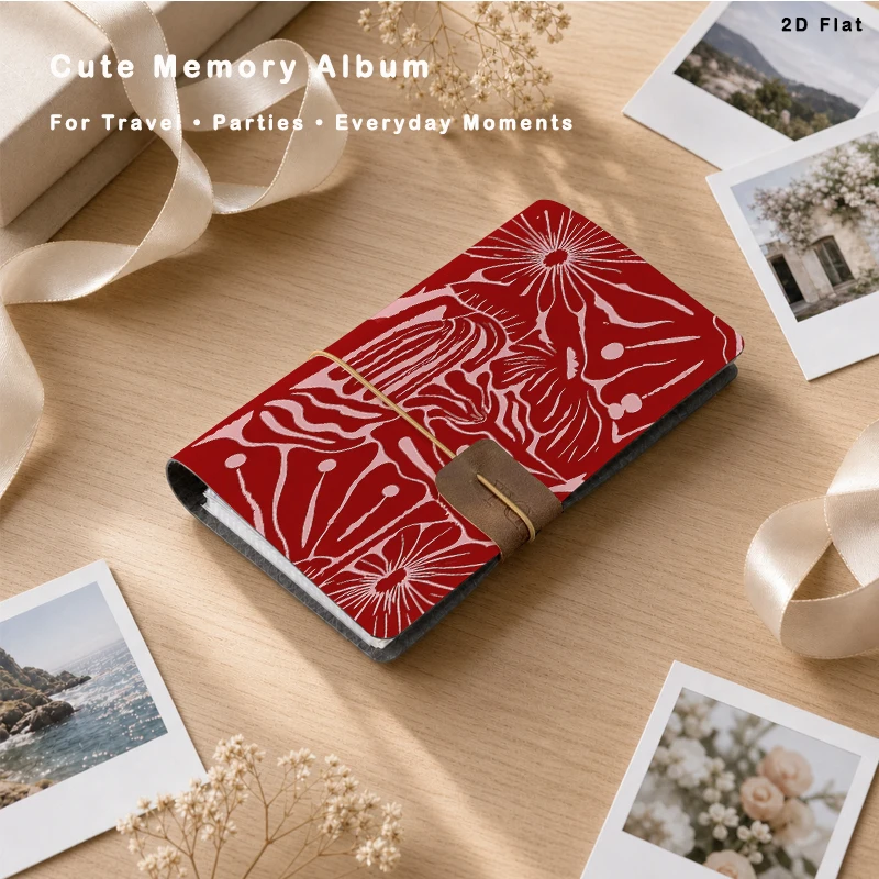 Abstract Red Pink Floral Photo Album 20 Sheets 80 Vertical Pockets for Family Travel Memory Storage Birthday Party Gift Photo Co