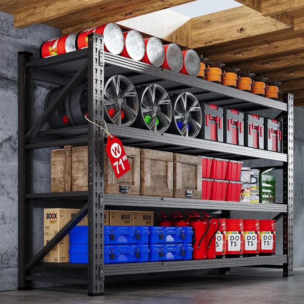 

71”W Garage Shelving Units, 5000LBS Storage Shelves Heavy Duty, 24" Deep Metal Shelving Rack, 4 Tier Large Tall Industrial