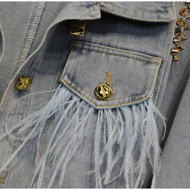 Denim Top Women's Spring Autumn New Heavy Industry Metal Slim Thin Shorts European Rivet Long-sleeved Jacket Trendy Exquisite