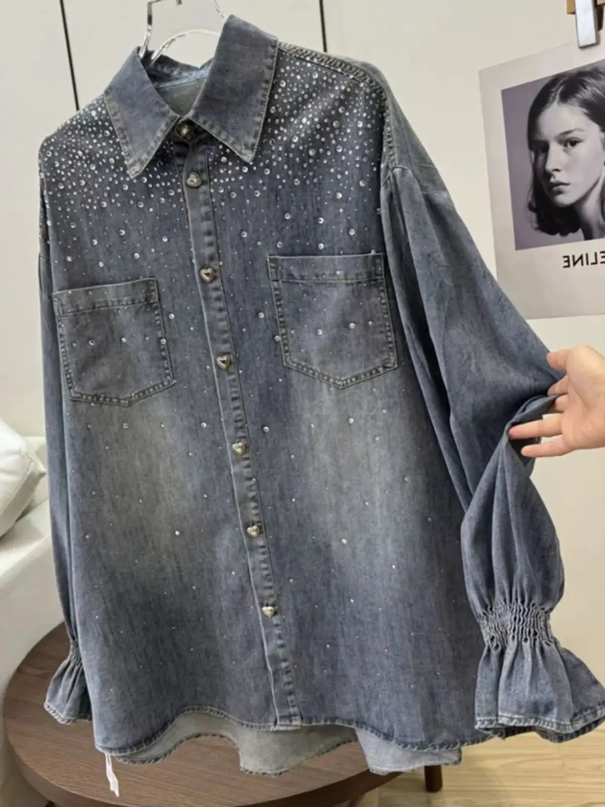New In Autumn Sparkle Hot Drilling Denim Shirts & Blouses For Women\'s Fashion Trend Long Sleeve Blusas Woman Clothes