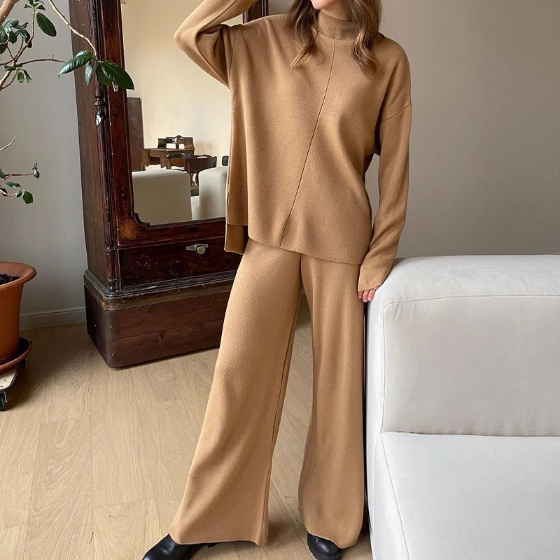 Women Elegant Long Sleeve Tops Autumn Winter Knitted Sweater And Pants Set Lady Pullovers + Wide Legs Pants 2 Piece Suits