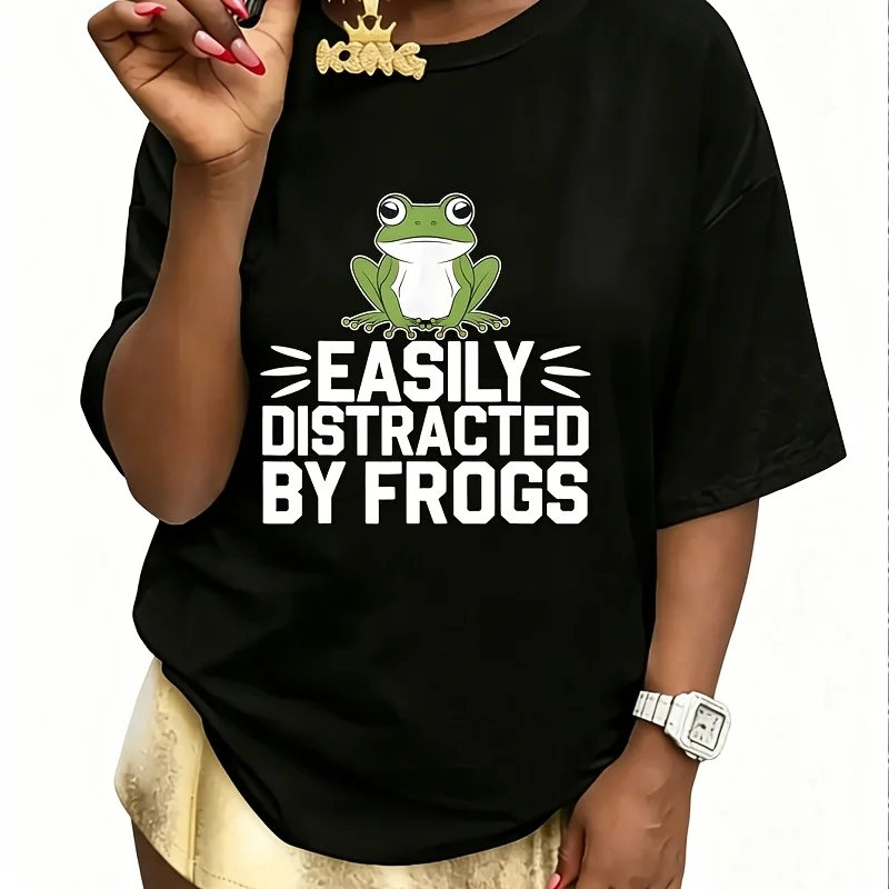 Frog Easily Distracted by Frogs Women's 100% Cotton T-Shirt Short Sleeve Top Casual Round Neck Fun Print Tee S-5Xl
