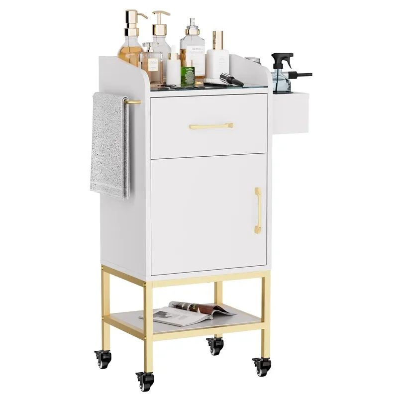 Salon Station Glass Top Trolley Cart Beauty Storage Cabinet White Rolling Hair Stations for Stylist with Lockable Wheels