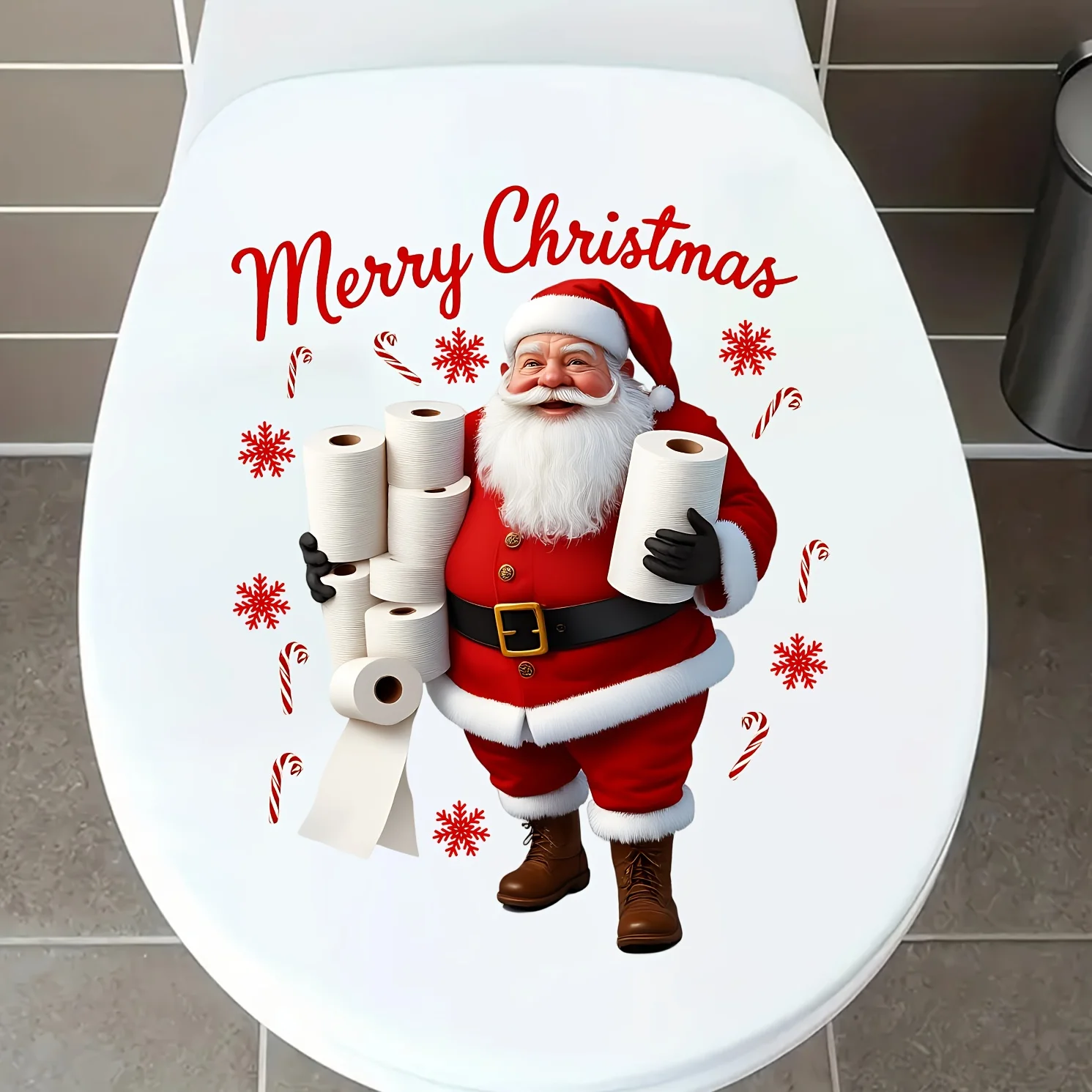 1PC Lustiger Weihnachtsmann liefert Toilettenpapierrollen-Aufkleber, wasserdicht, DIY, Schranktüren, Wände, Toiletten, selbstklebender Vinyl-Aufkleber