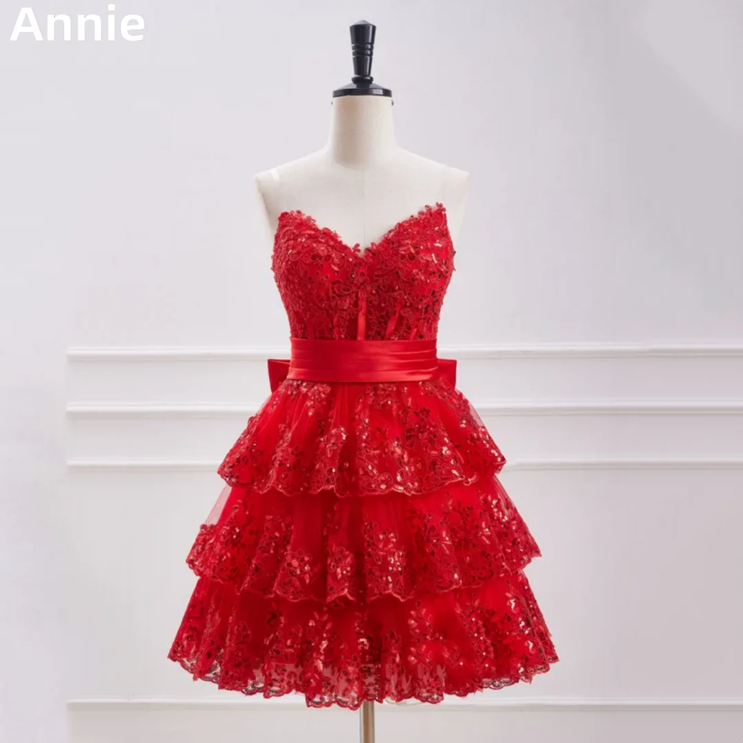 Annie Fairy czerwone suknie balowe brokatowy tiul haftowana suknia ślubna krótkie i eleganckie sukienki koktajlowe Vestidos DeFiesta