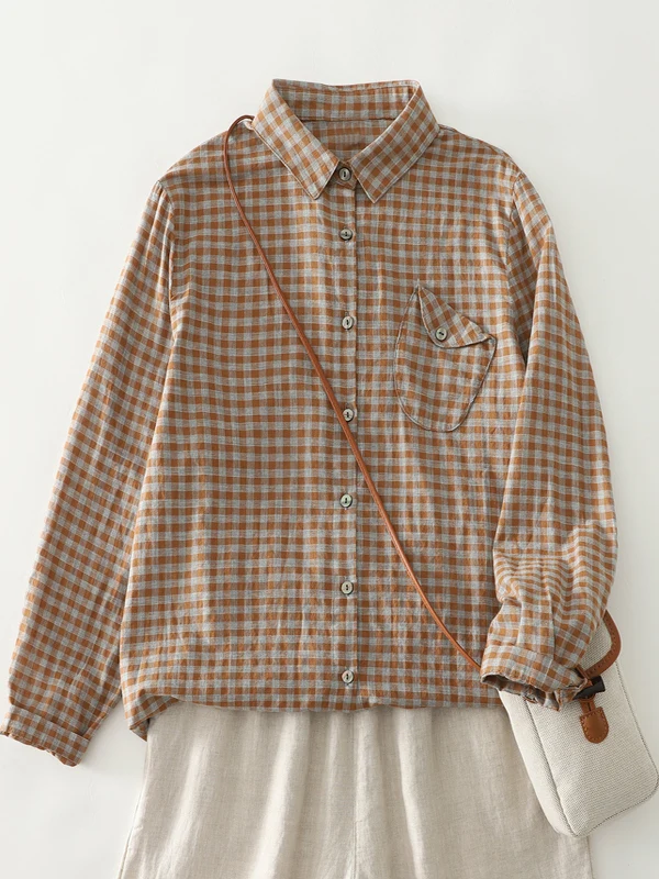 

Ретро-корейская женская рубашка в клетку с длинным рукавом, свободная, для повседневной носки, верхняя одежда, базовый слой, хлопковая рубашка, осенняя мода