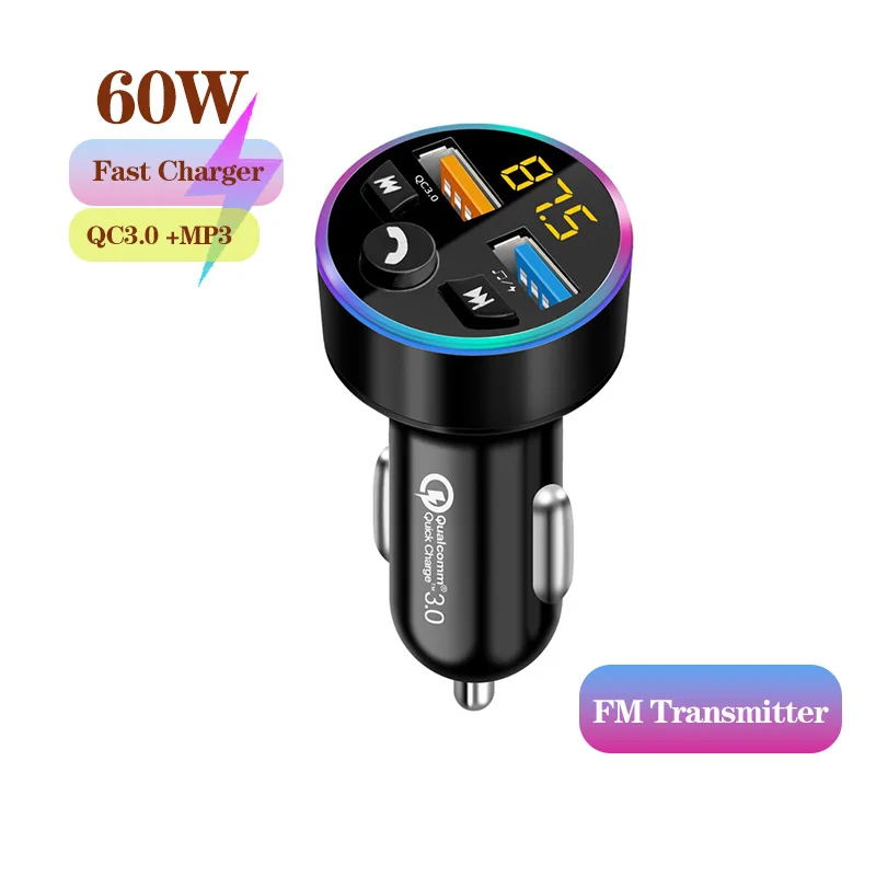 

60W 2/3/4 port Car Charger with Bluetooth5.0 FM Transmitter with QC3.0 Super Fast Charging Cigarette Lighter Adapter for phones