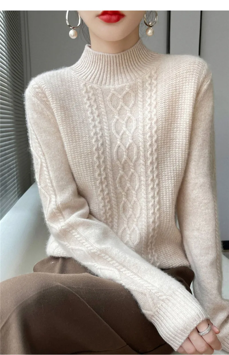 Neue Frühjahr Gestrickte Pullover Halb Hohen Kragen Lose Dicke Warme Pullover Für Frauen Vintage Wolle Herbst Winter Mutter Bodenbildung Top – Detail 13