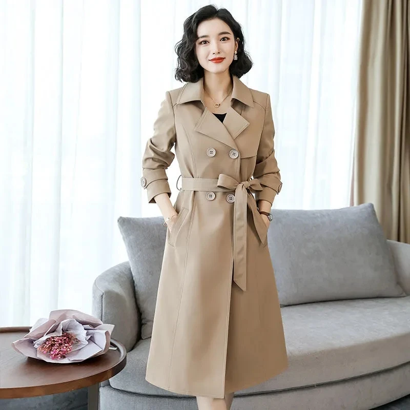 

2024 Spring Autumn New Women's Long Solid Trench Coat Classic Double Breasted Lapel Coat Jacket with Belt Overcoat