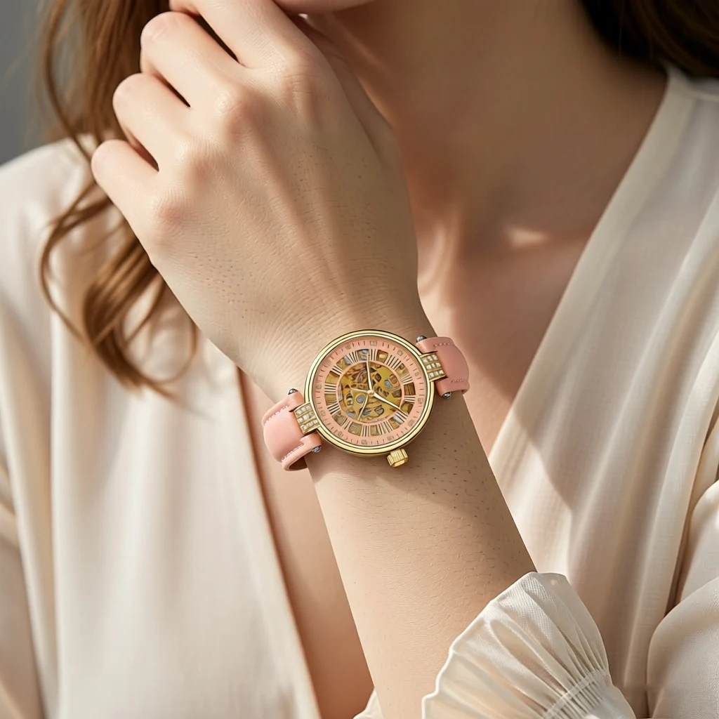 FORSINING Women Dress Watch Automatic Mechanical Skeleton Diamond Dial for Ladies, Leather Strap or Steel Bracelet