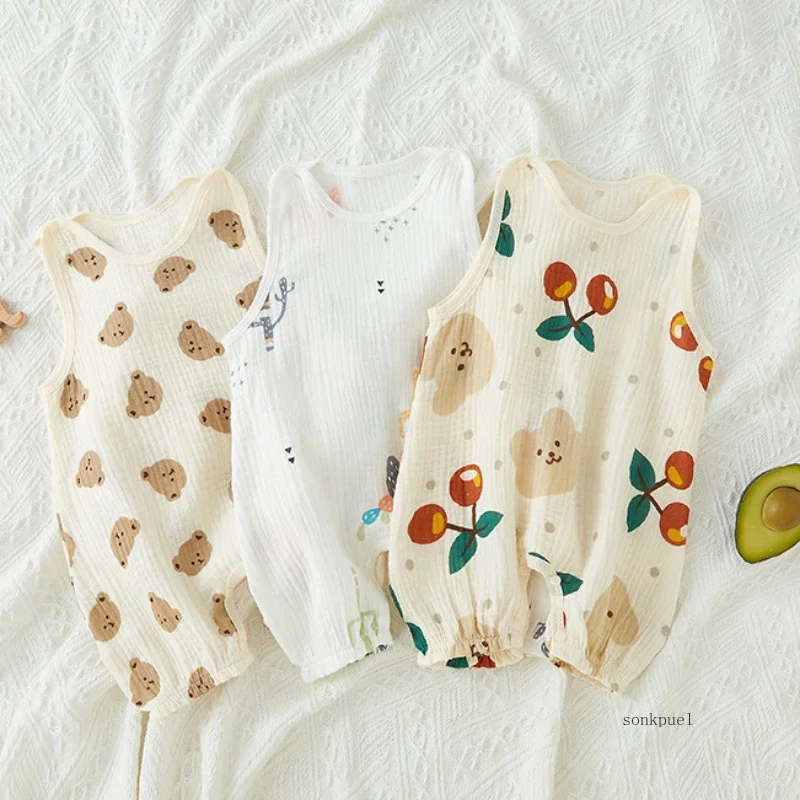

Summer Baby Girls Romper Cartoon Bear Newborn Jumpsuits Infant Sleeveless Muslin Clothing for Boys Printed Outfits