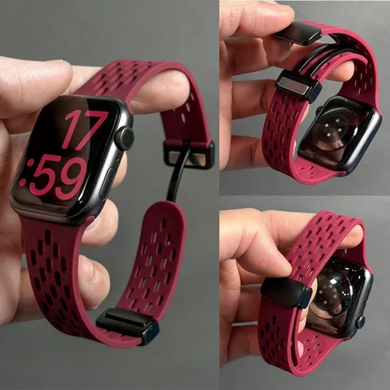 Cinturino con fibbia magnetica per Apple Watch Ultra Band 49mm 46mm 44mm 45/41mm Bracciale con respiro in silicone IWatch Series 10 9 8 Se 7 6 5 4