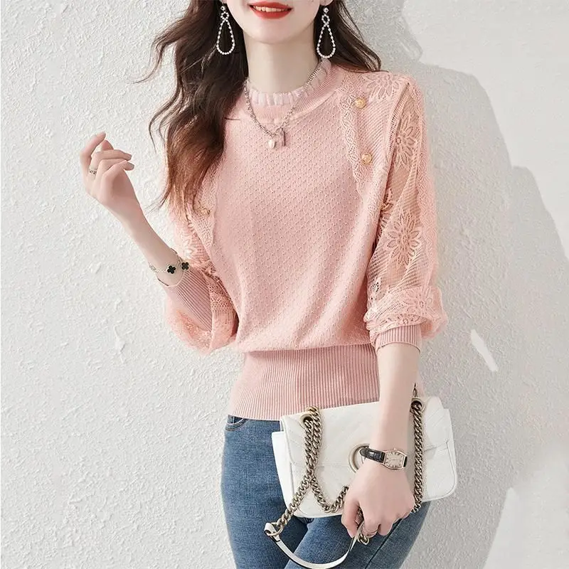 Sweet Floral Lace Spliced Blouse Fashion Hollow Out Female Clothing Solid Color O-Neck Spring Autumn Long Sleeve Knitted Shirt