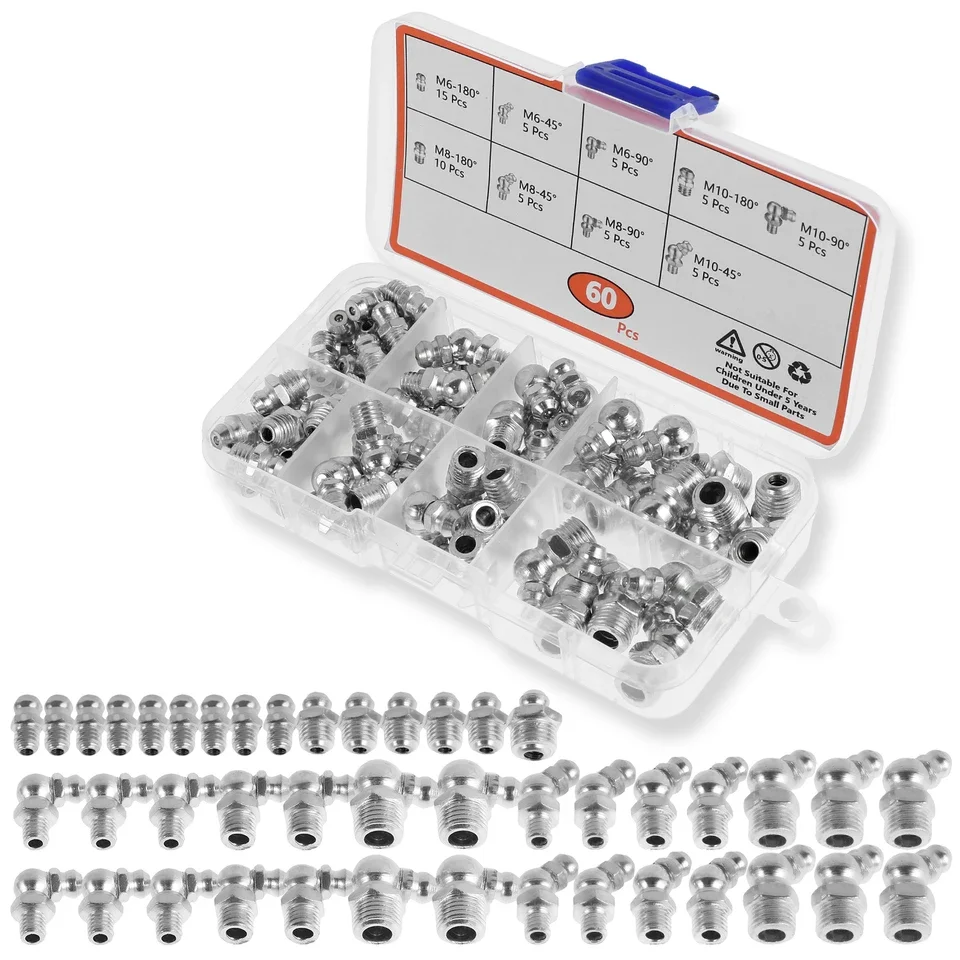 60 or 120 pcs metric grease fitting assortment set featuring hex head zerk nozzles in M6 M8 M10 sizes made from durable galvaniz