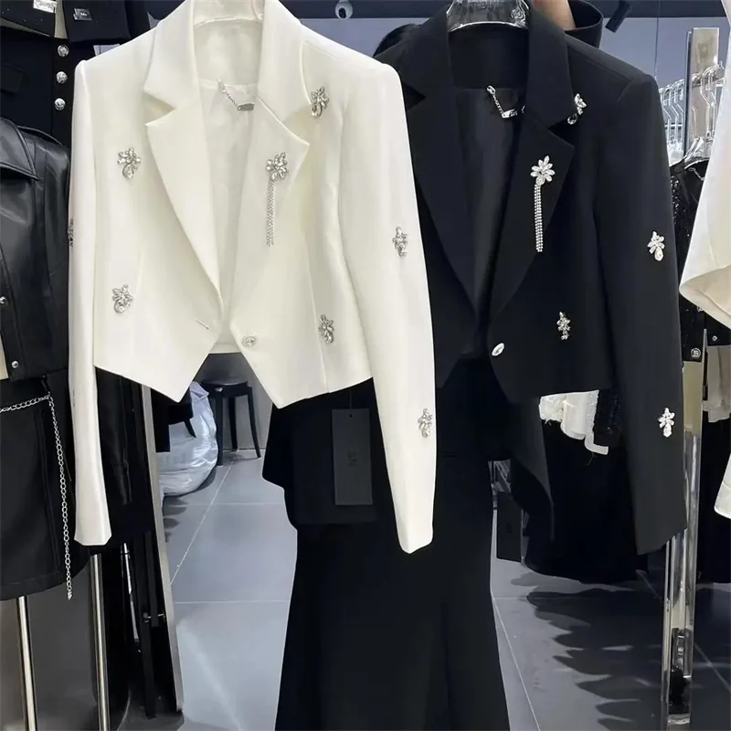 Traje de manga larga para mujer, abrigo corto con diseño Sense, industria pesada, cuentas tachonadas de diamantes, hombros anchos, traje Irregular, primavera