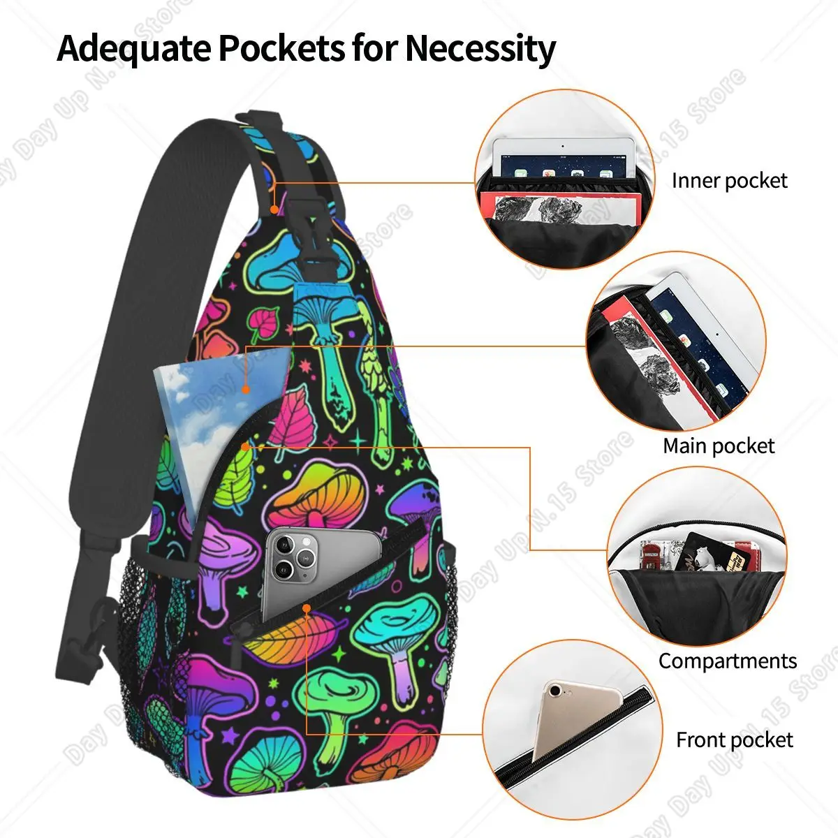 Psychedelic Magic Rainbow Mushrooms Trippy Mushroom Chest Bag Men Sling Crossbody Backpack Chest Bag Hiking Daypack Shoulder Bag