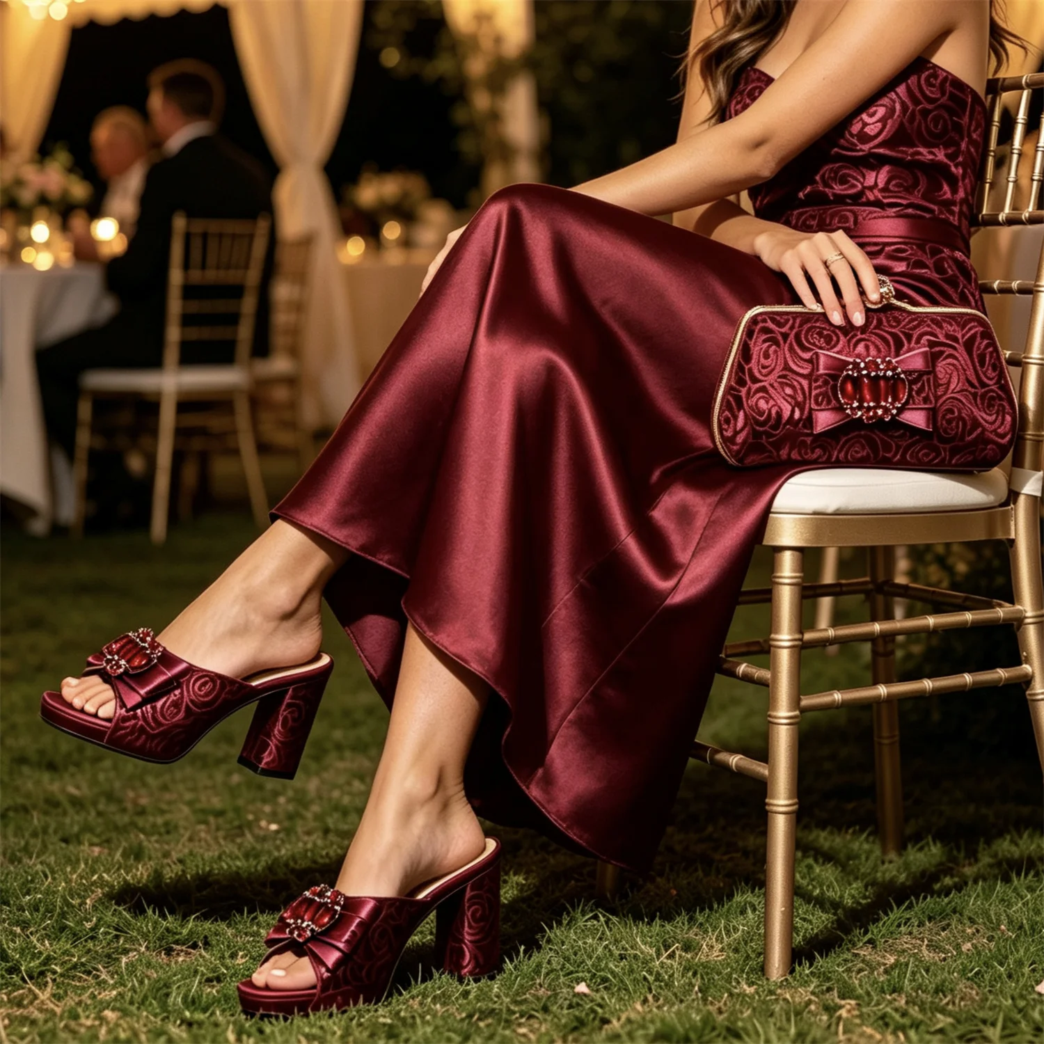 Conjunto de zapatos y bolso de mujer con encaje de satén morado de lujo, tacón de bloque con lazo de pedrería, sandalias abiertas, para bodas, fiestas y eventos nocturnos.