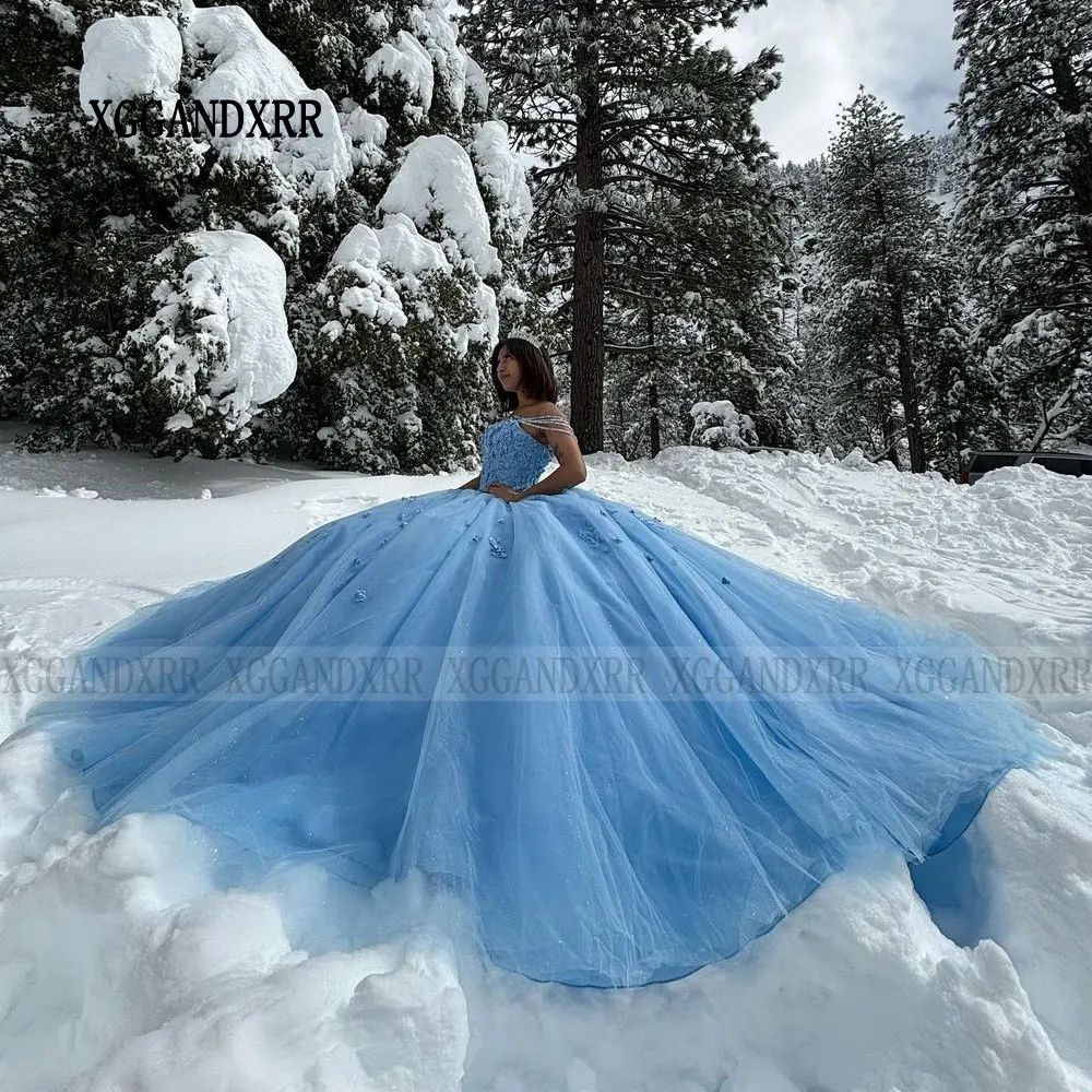 New Flower Blue Quinceanera Dresses 2024 Vestido De 15 Años Sweet 15 16 Off Shoulder Backless Sweet 15 16 XV Birthday Prom Party