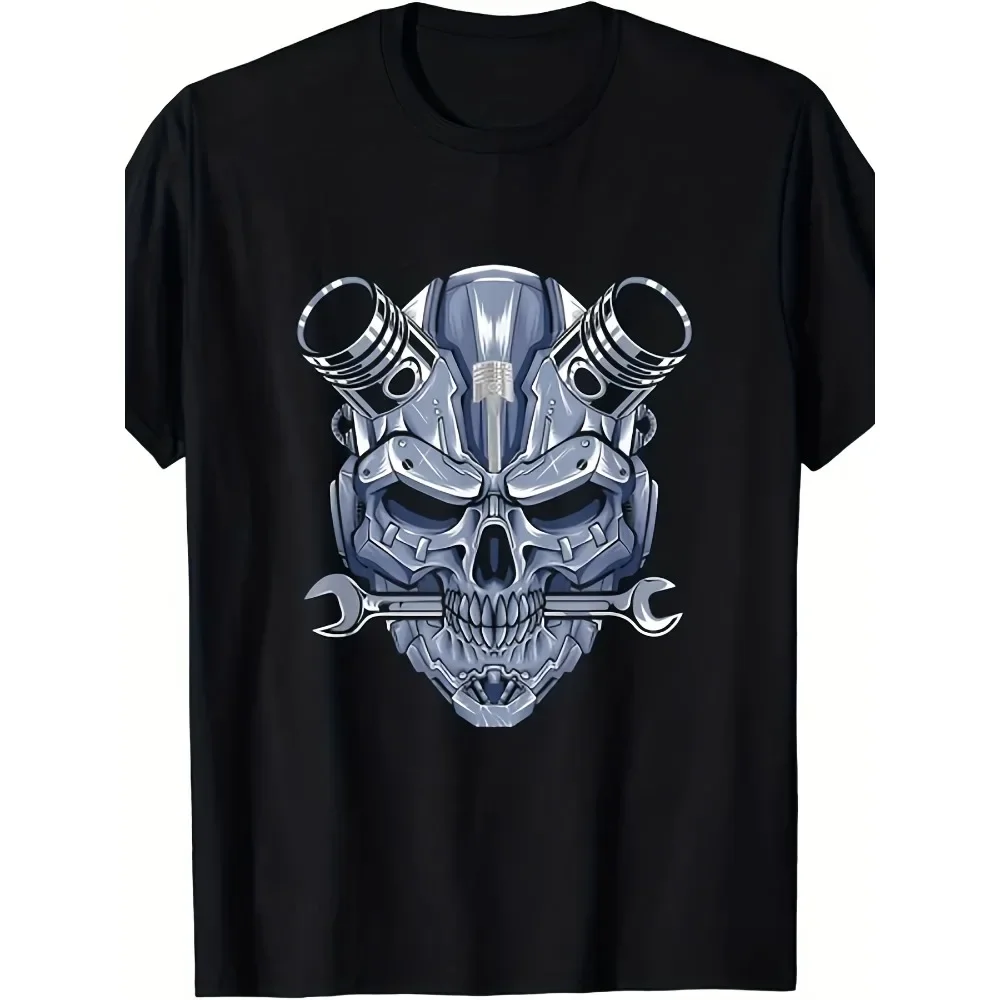 Men'S Mechanic Skull & Car Engine Graphic T-Shirt - Funny Automotive Repair Design with Wrenches & Garage Tools - Comfortable Ca