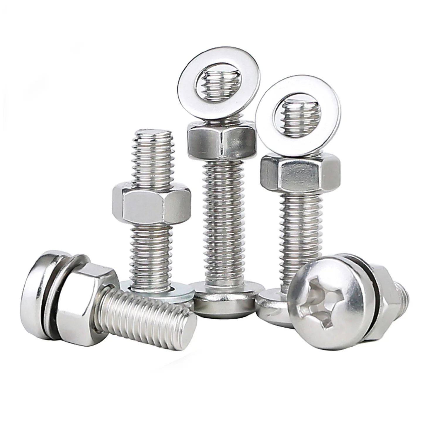 1~20Set M2~M10 Phillips Pan Head Screw 304 Stainless Steel Screw Nut Washer Set Round Head Cross Bolt Three-Piece Combination