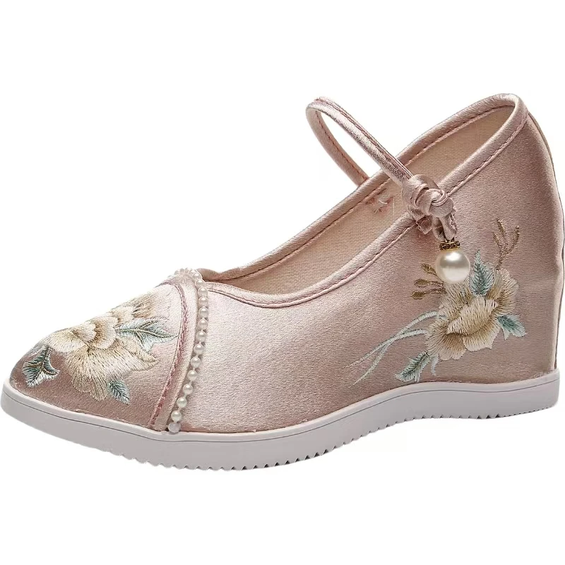 

Женская обувь с вышивкой в этническом стиле, обувь с увеличенным внутренним круглым носком и ремешком с мелкой пряжкой, шелковая обувь Hanfu, туфли Cheongsam на танкетке