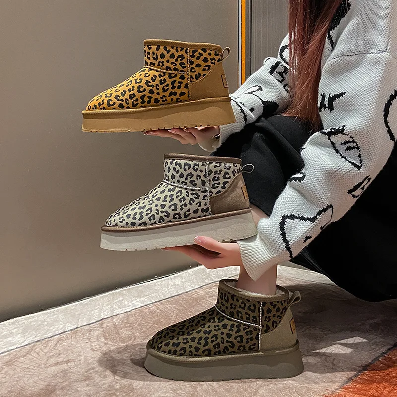 

Women Platform Snow Ankle Boots Leopard Print Shoes Winter New Comfortable Warm Non-slip Wear-resistant Plush Short Boots