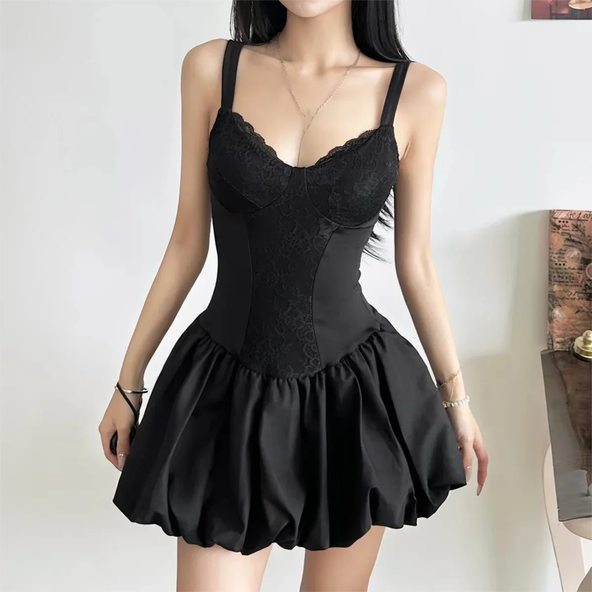Ultra Mini Dress Women's Sexy V-Neck Ballet Black Dress 2026 New Design Lace Splicing Straps Bubble Hem Slimming Dresses