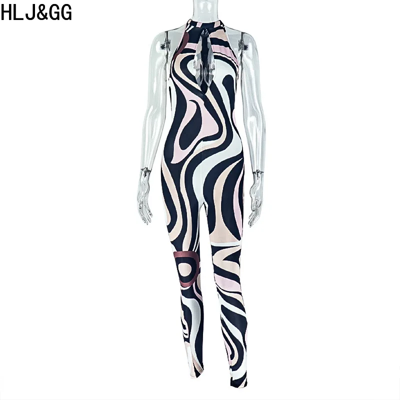 HLJ&GG Pink Black Fashion Zebra Printing Bodycon Jumpsuits Women Hollow Out Sleeveless Backless Slim Playsuits Sexy Overall 2025