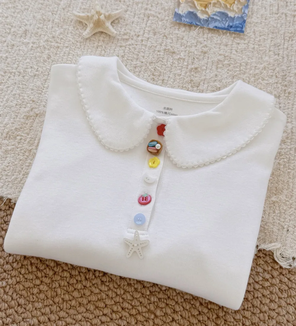 

spring kids clothes girls tops Cute custom colored shell buttons peter pan collar white T-shirt Girls' basic base t-shirt