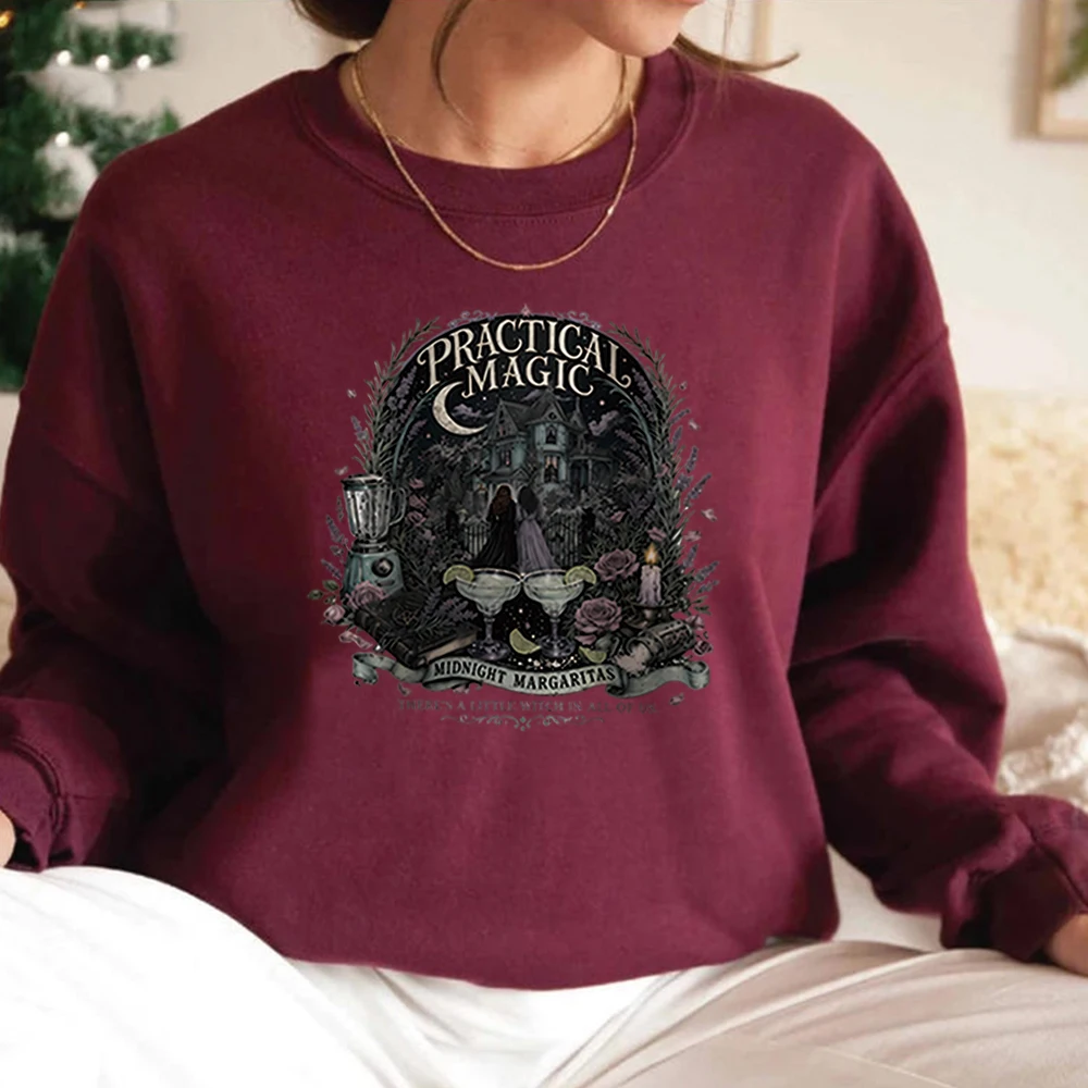 Vintage Midnight Margaritas Witchy Halloween Sweatshirt Practical Magic Shirt Halloween Graphic Pullover Women Casual Sweatshirt