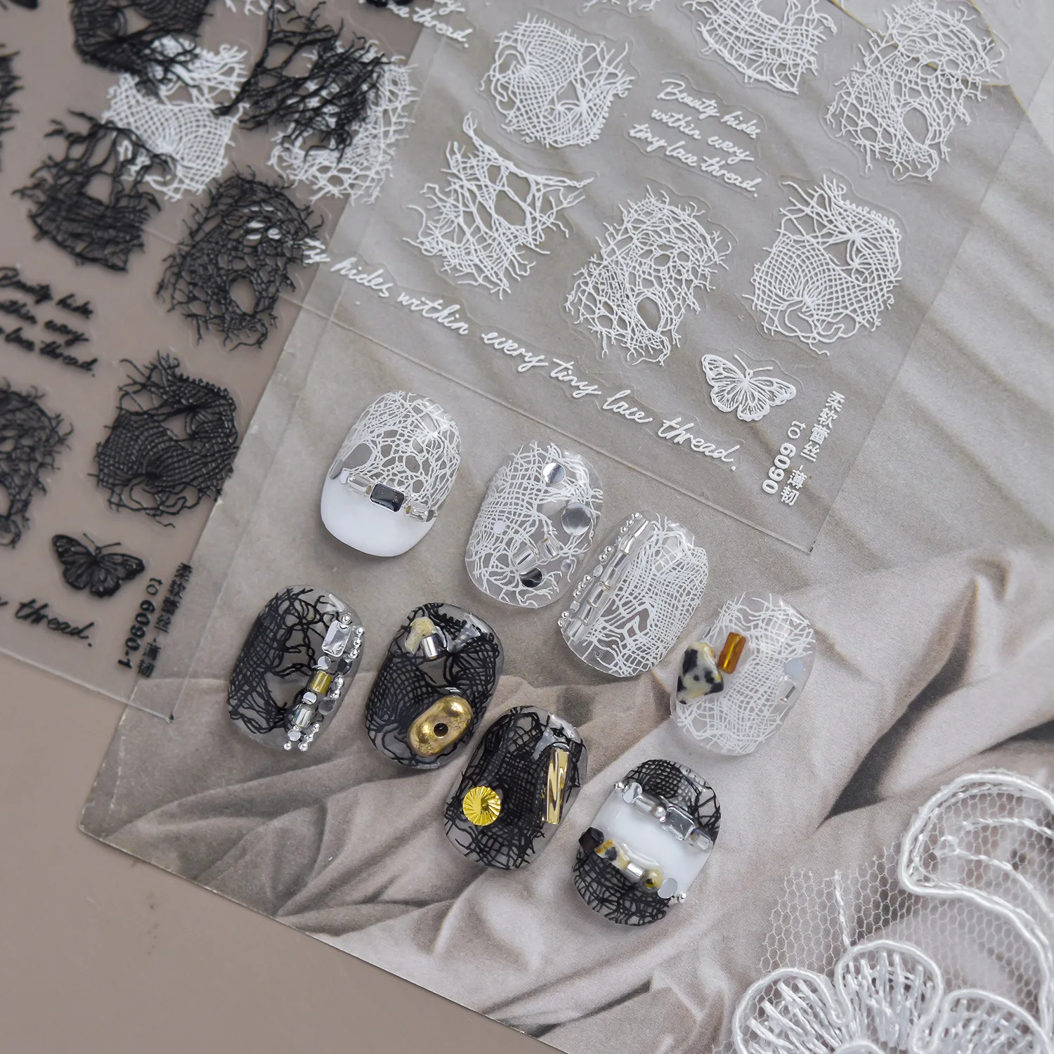 French Retro White Broken Lace 5D Nail Sticker Fragments Hollow Mesh Tulle Butterfly Self Adhesive Manicure Decal For Girl Women